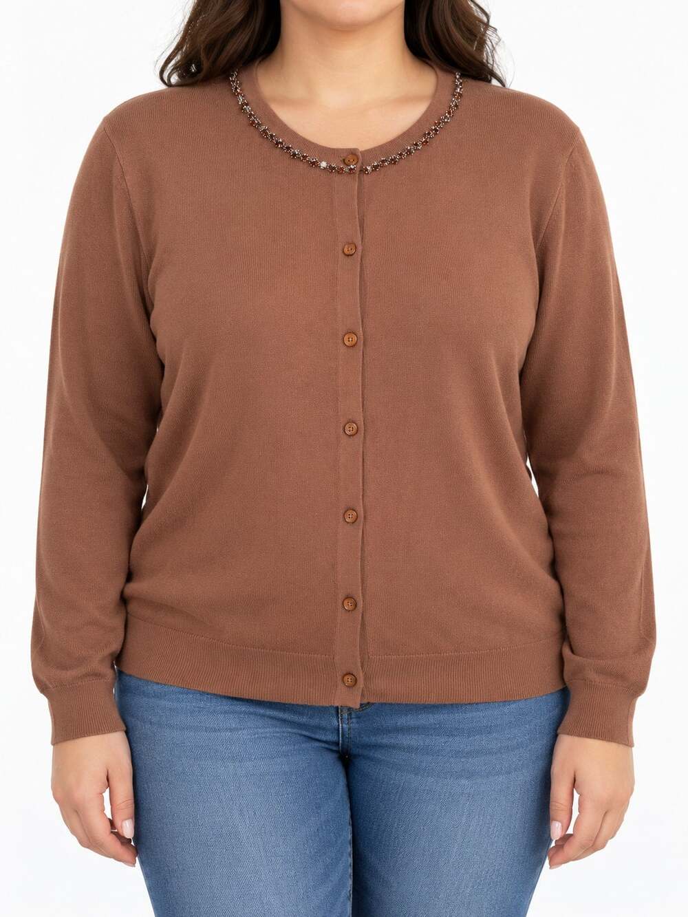 Zara Women's Brown Jewel Embellished Viscose Knit Cardigan Size XL Button Front